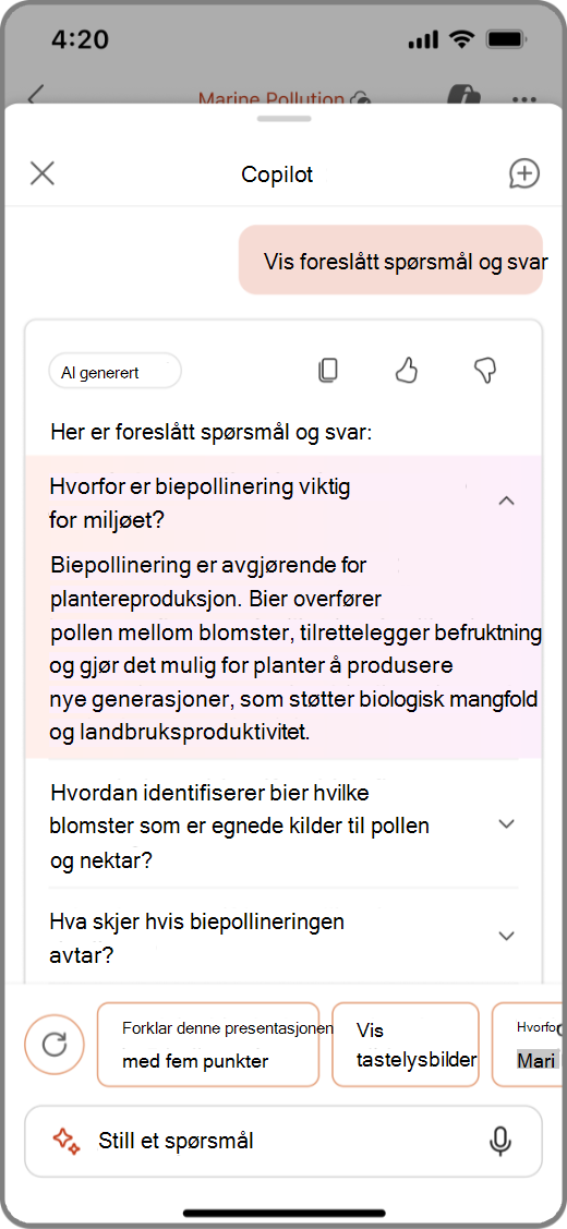 Skjermbilde av Copilot i PowerPoint på iOS-enhet med foreslåtte Q&As