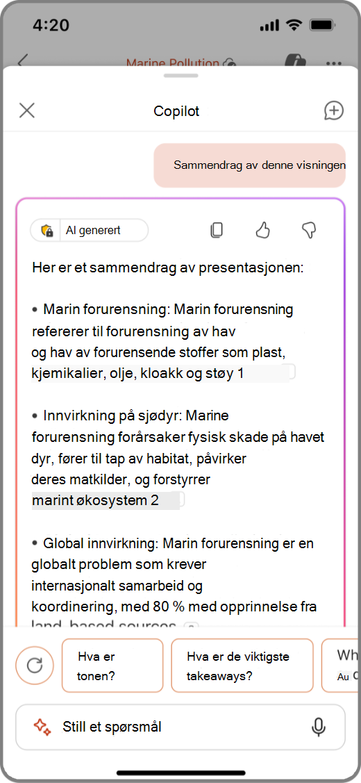 Skjermbilde av Copilot i PowerPoint på iOS-enhet med resultatene fra Oppsummer denne visningen