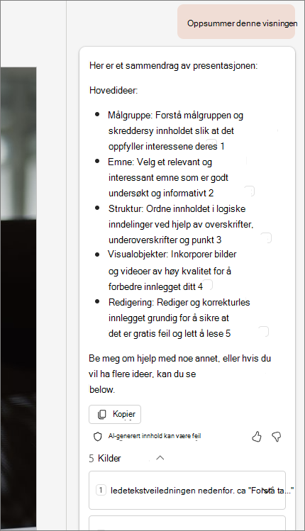 Skjermbilde av funksjonen for oppsummering av en lysbildestokk med referanser
