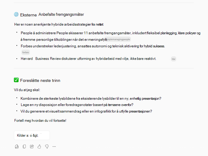 Et skjermbilde av Copilots svar på å opprette en presentasjon, som viser informasjon om det forespurte emnet og oppfølgingsspørsmål.