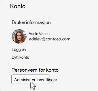 Kontodialogboks med behandle innstillinger-knappen fjernet.
