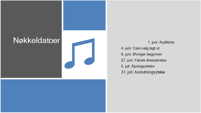 Eksempellysbilde med en teksttidslinje som PowerPoint Designer la til illustrasjoner og utformingsdetaljer.