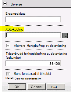 Egenskaper for XSL-kobling på Nettstedsdel-menyen