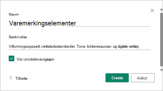 Når du har fylt ut biblioteknavnet og -beskrivelsen du vil bruke, velger du Opprett.