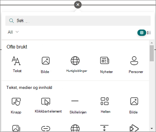 Velg sirkelen på en SharePoint-side du redigerer, for å se de tilgjengelige nettdelene.