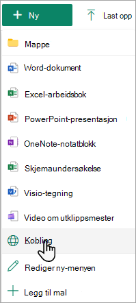 Skjermbilde som viser Kobling-kommandoen på Ny-menyen.