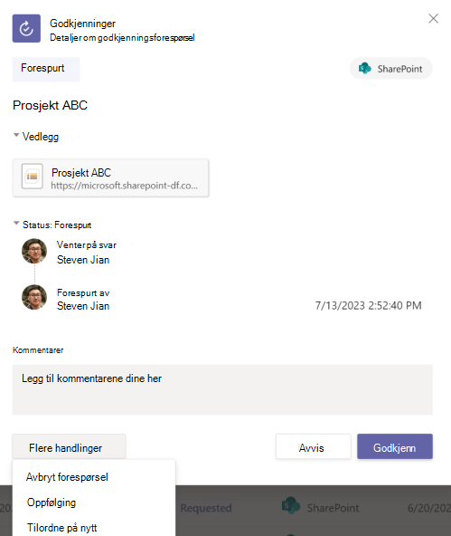 Skjermbilde av detaljene for godkjenningsforespørselen i appen.