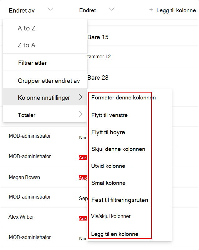 Skjermbilde som viser kolonneinnstillingene i en liste du kan bruke til å endre listen.