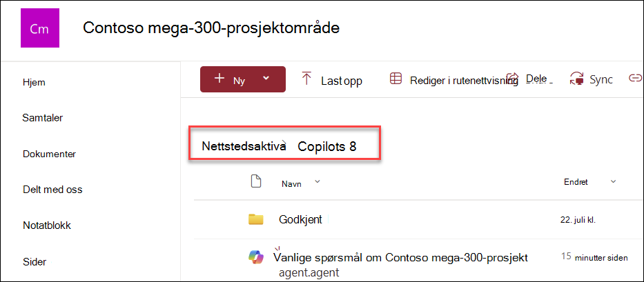 skjermbilde av hvor Copilot-agenter lagres hvis de opprettes fra hjemmesiden