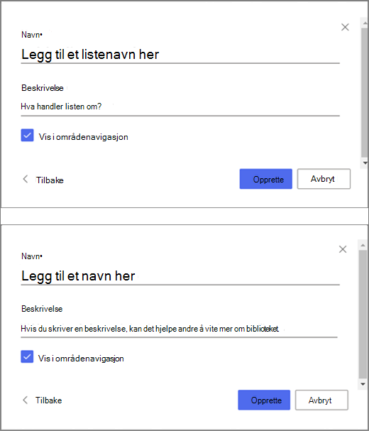 Den øverste delen av bildet er et vindu for å legge inn informasjon for en tom liste, og den nederste delen av bildet er et vindu for å opprette et dokumentbibliotek.