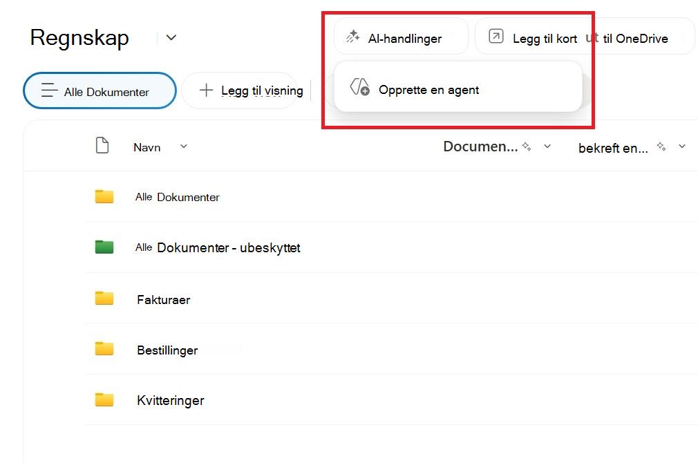 Skjermbilde som viser knappen for å opprette en agent fra et SharePoint-dokumentbibliotek.
