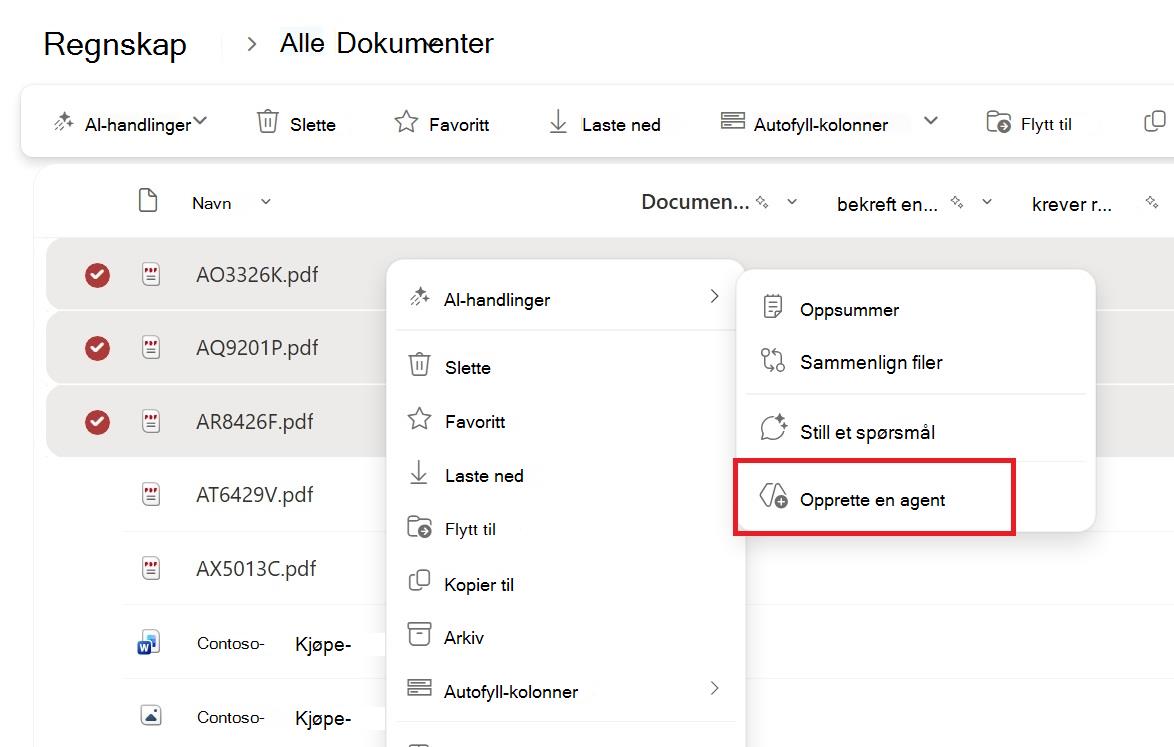 Skjermbilde som viser knappen for å opprette agent fra hurtigmenyen for fil- eller mappevalg
