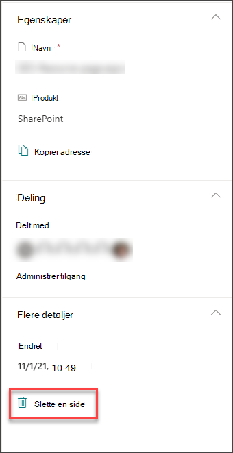 Skjermbilde av alternativet Slett side i sidedetaljer-ruten
