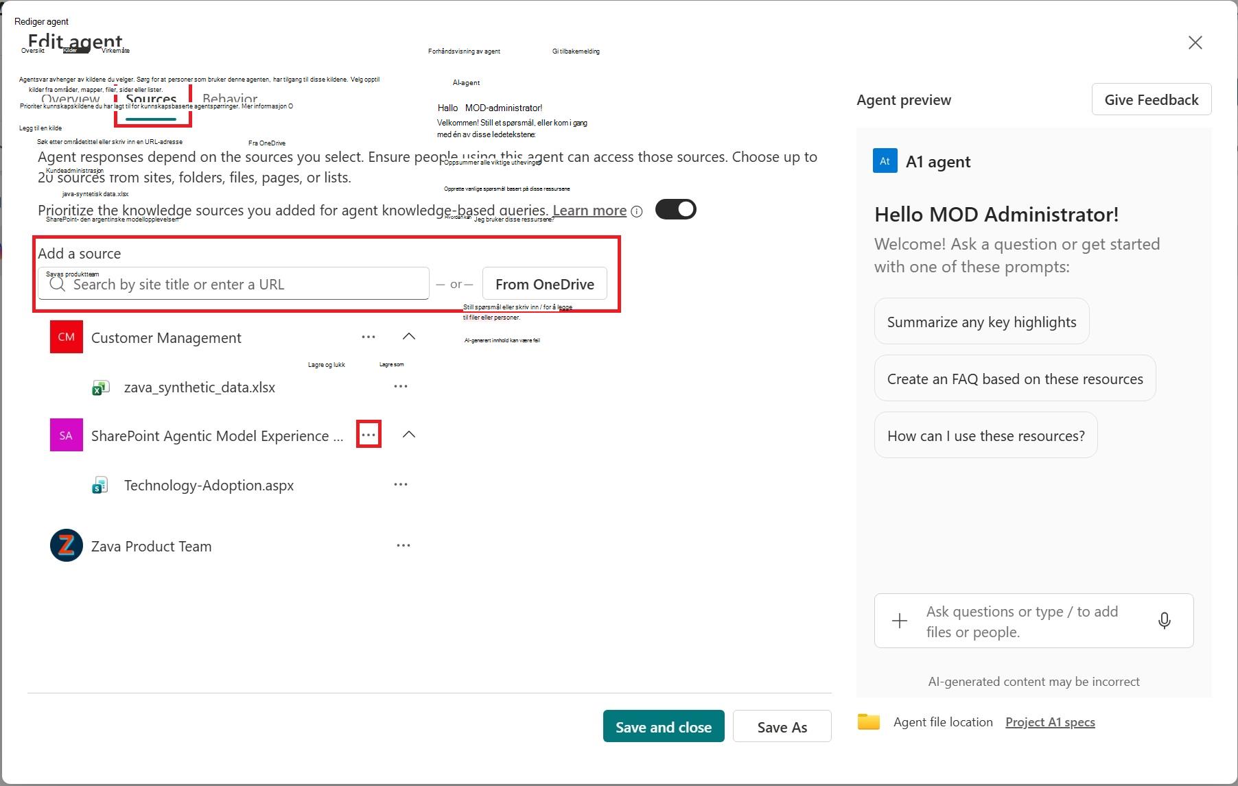 Skjermbilde av kilder-fanen når du redigerer en SharePoint-agent