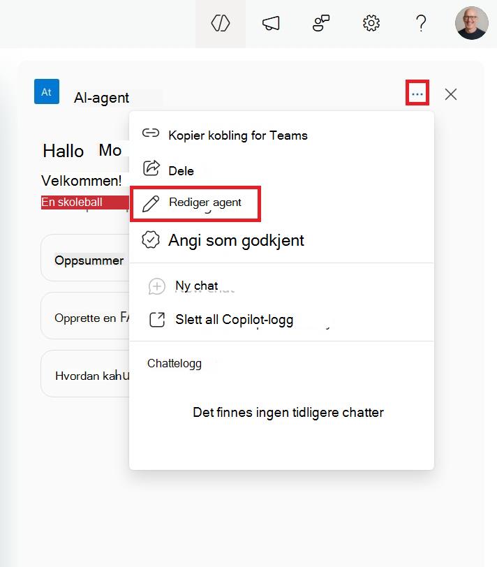 Skjermbilde av menyen for å redigere en SharePoint-agent fra sidevognen