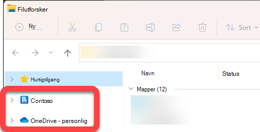 I navigasjonsruten på venstre side av Filutforsker finner du mapper på øverste nivå for et synkronisert SharePoint-bibliotek og en synkronisert OneDrive.