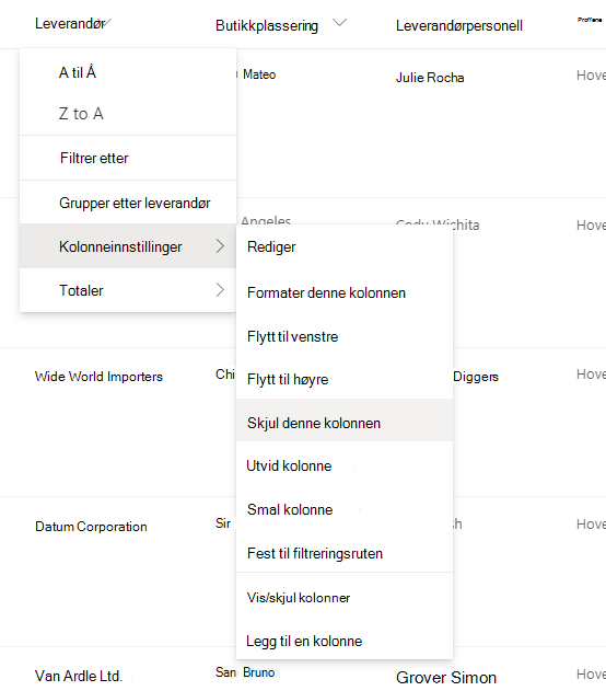 Kolonneinnstillingene > Skjul dette kolonnealternativet når en kolonneoverskrift er merket i en moderne SharePoint-liste eller -bibliotek
