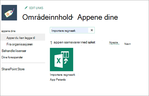 Skjermbilde av importert regneark i Apper du kan legge til.