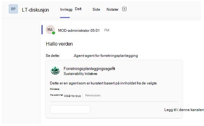 Skjermbilde som viser SharePoint-agentkobling som vises i Teams-kanaler