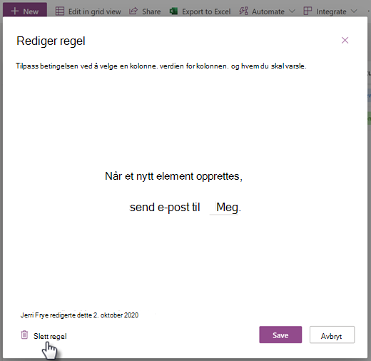 Skjermbilde av sletting av en regel for en liste fra Rediger regel-siden.
