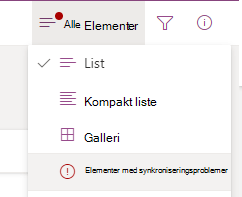 Velg alternativet Elementer med synkroniseringsproblemer fra menyen Alternativer for Bytt visning.
