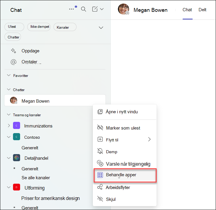 Skjermbilde av administrasjon av apper i en Teams-chat