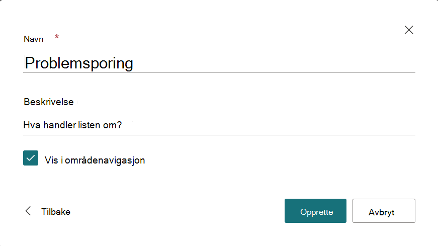 Dialogboks for å angi et navn på og en beskrivelse av den nye listen
