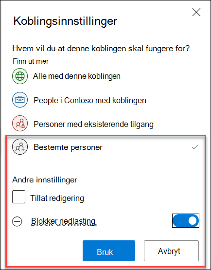 Alternativet Blokker nedlasting i OneDrive i Koblingsinnstillinger