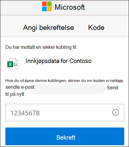 Ekstern deling av OneDrive vindu for bekreftelse av kode