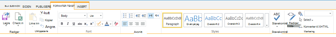 Skjermbilde av kategorien Formater tekst, som inneholder mange knapper for tekstformatering