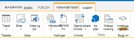 Skjermbilde av kategorien Sett inn, som inneholder knapper for innsetting av tabeller, videoer, grafikk og koblinger på områdesidene