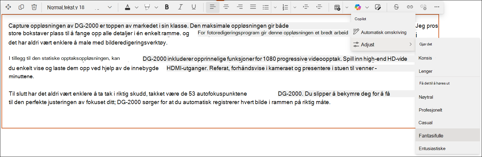 Skjermbilde av en rask visning av Copilot i SharePoint-redigering