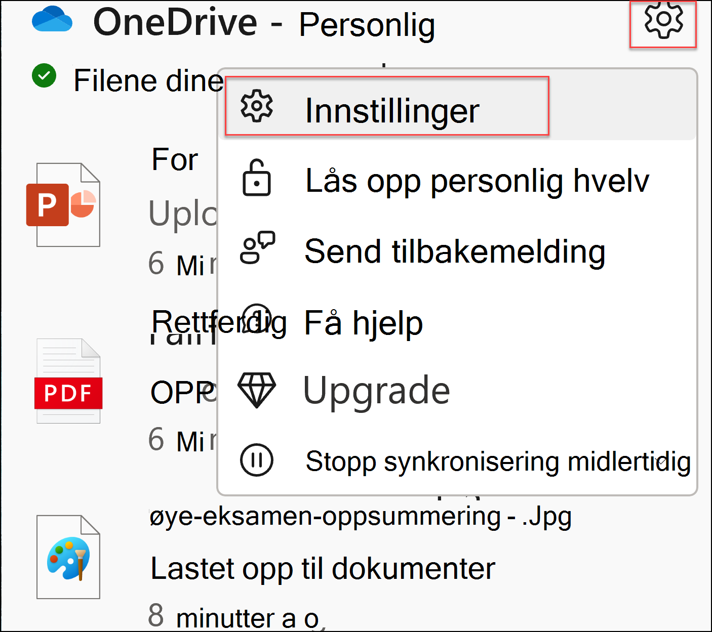 skjermbilde av oneDrive-innstillinger