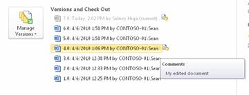 Backstage-visning av versjonsloggen til en Microsoft Word-fil. Versjon 4 er valgt.
