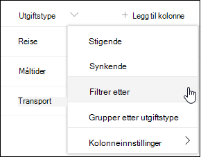 SharePoint-kolonneoverskrift filtrer etter menyalternativ