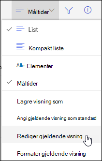Menyalternativet Rediger gjeldende visning i SharePoint Online