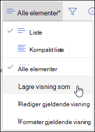 Alternativet Lagre som for listevisning i SharePoint Online