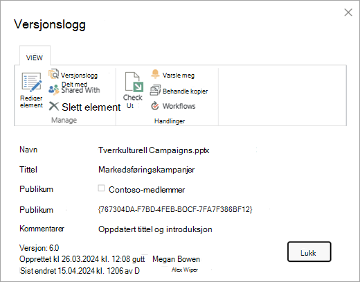 Dialogboksen Versjonslogg for en gitt fil.