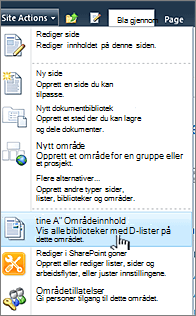 Vis alt områdeinnhold på Områdehandlinger-menyen