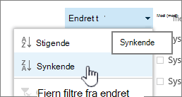 Sorteringsmenyen i rullegardinlisten på en kolonneoverskrift
