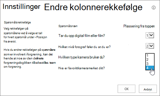 Endre spørsmålsrekkefølge-dialog med rullegardinliste for ett spørsmål uthevet