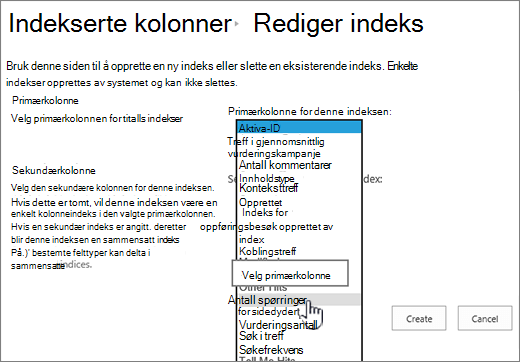Rediger indeksside med kolonnen valgt fra rullegardinboksen