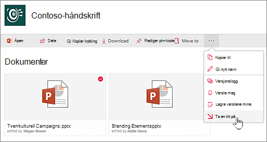 Velg en fil, klikk på ellipsene på det øverste feltet, og velg Sjekk ut