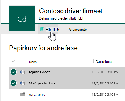 SharePoint Online-papirkurv på andre nivå med Slett-knappen uthevet