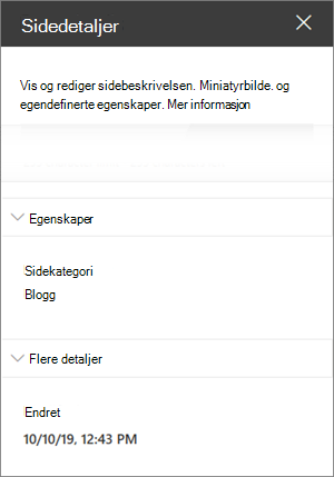 Sidedetaljer-ruten med sidekategori i blogg