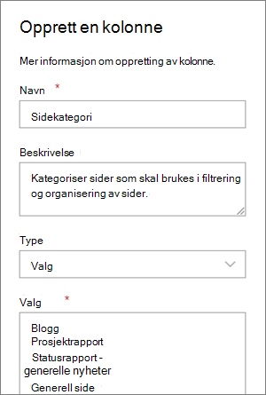 Eksempel på oppsett av en valgkolonne for kategorier for blogger