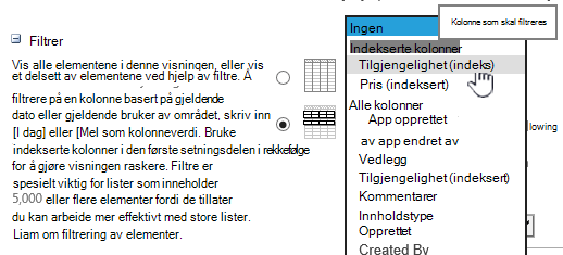 Velg et indeksert felt i SharePoint Online