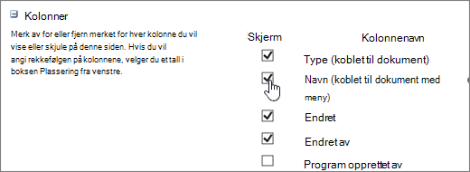 Dialogboksen Kolonnevelger