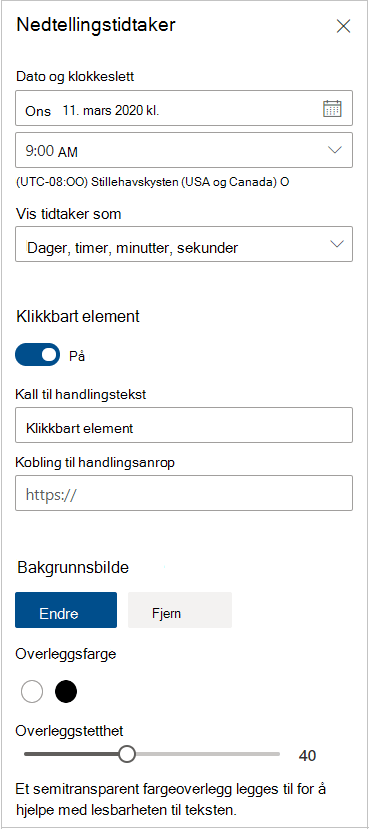 Innstillinger for tidtaker for nedtelling
