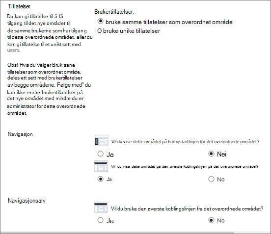 Nederste halvdel av dialogboksen for Opprette nettsted